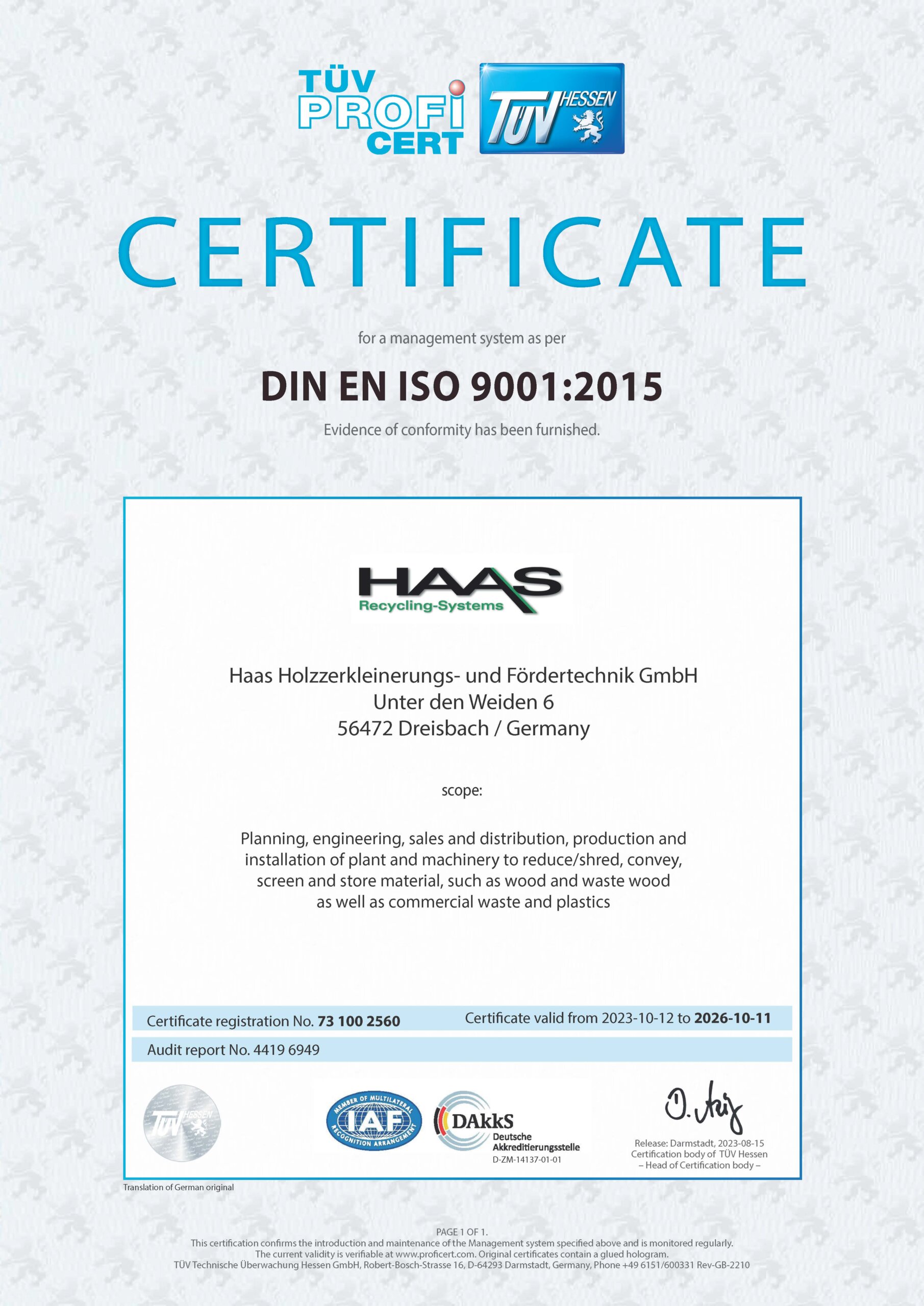 Technical Control Board (TÜV) Certificate Hessen